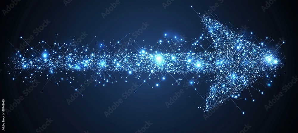 Poster a arrow with a lot of dots on it. abstract arrow with digital lines and glowing dots on a blue backg