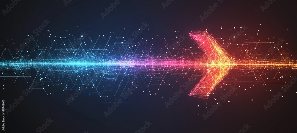 Poster a arrow with a lot of dots on it. abstract arrow with digital lines and glowing dots on a blue backg