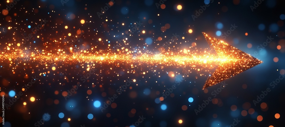 Poster a arrow with a lot of dots on it. abstract arrow with digital lines and glowing dots on a blue backg