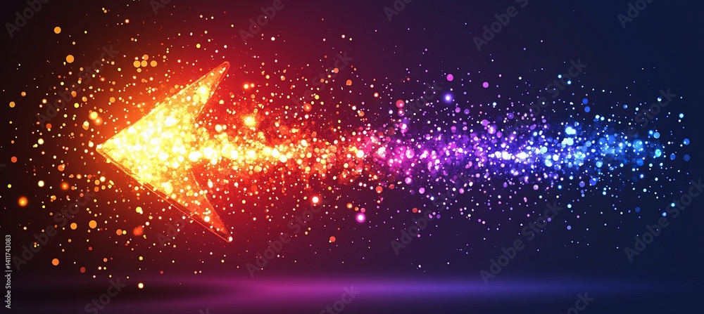Poster a arrow with a lot of dots on it. abstract arrow with digital lines and glowing dots on a blue backg