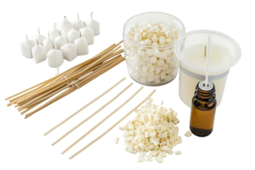 Crafting homemade candles with essential oils in a bright workspace filled with natural materials and tools for a creative experience isolated on transparent background