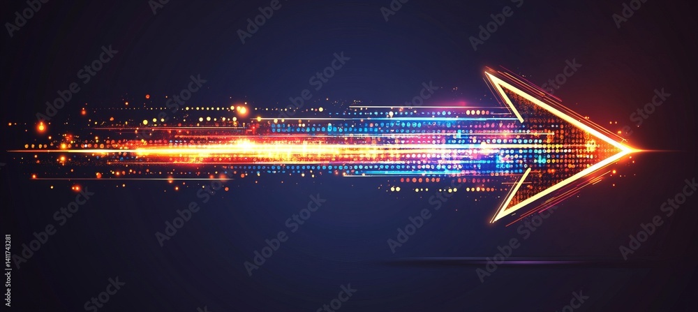 Poster a arrow with a lot of dots on it. abstract arrow with digital lines and glowing dots on a blue backg