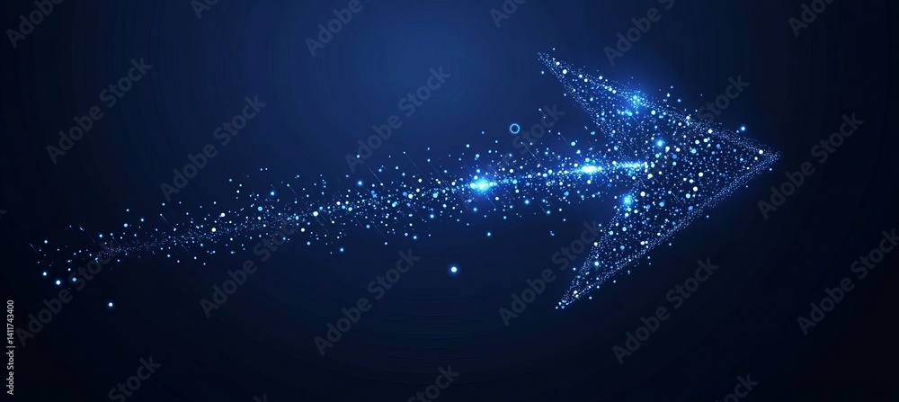 Poster a arrow with a lot of dots on it. abstract arrow with digital lines and glowing dots on a blue backg