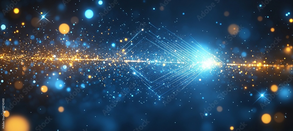 Poster a arrow with a lot of dots on it. abstract arrow with digital lines and glowing dots on a blue backg