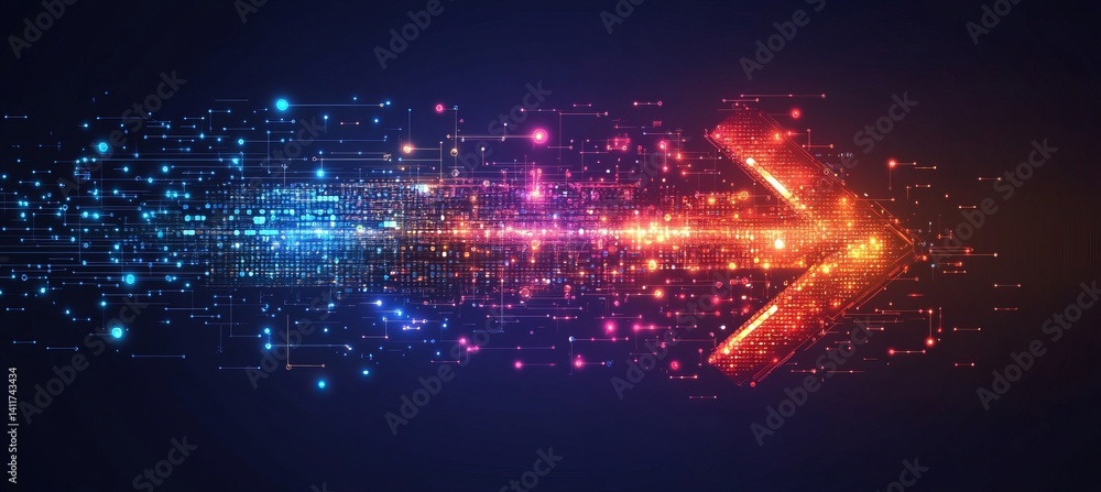 Poster a arrow with a lot of dots on it. abstract arrow with digital lines and glowing dots on a blue backg
