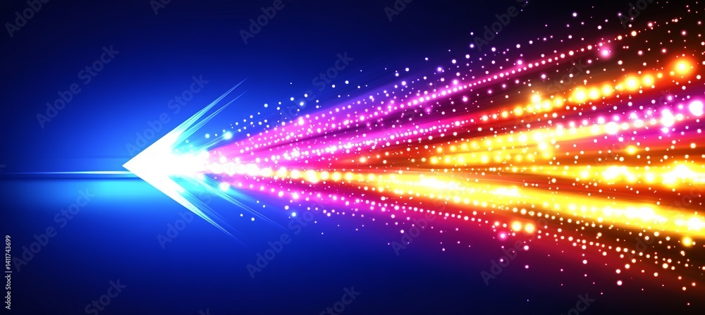Poster a arrow with a lot of dots on it. abstract arrow with digital lines and glowing dots on a blue backg