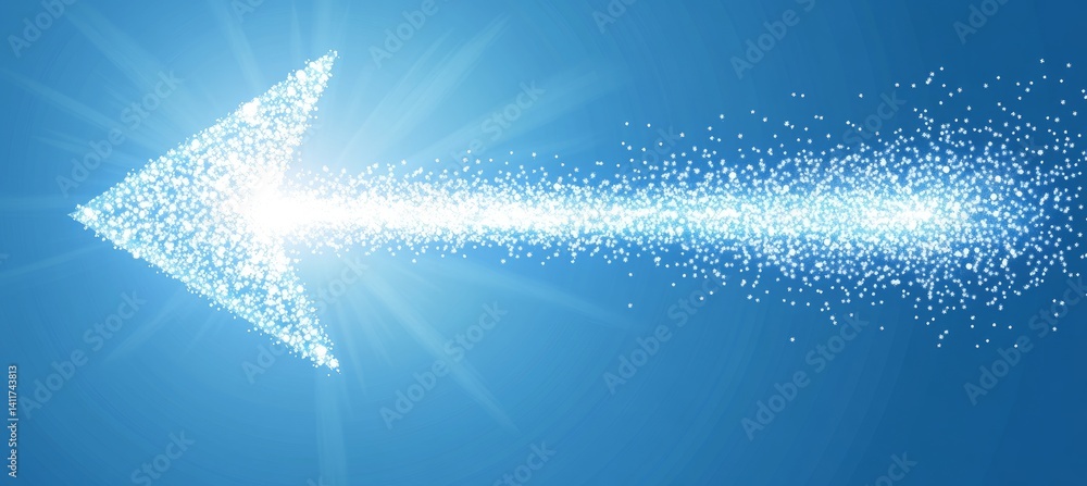 Poster a arrow with a lot of dots on it. abstract arrow with digital lines and glowing dots on a blue backg