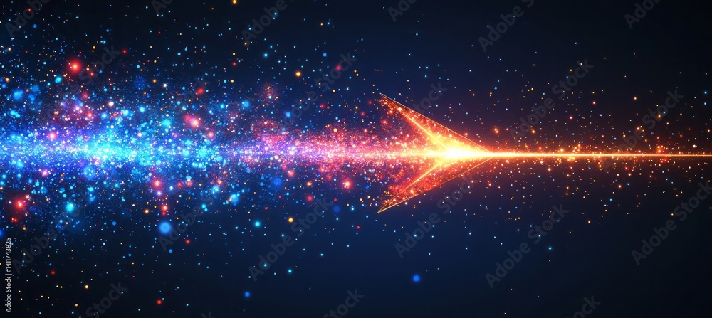 Poster a arrow with a lot of dots on it. abstract arrow with digital lines and glowing dots on a blue backg