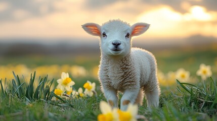 Fototapeta premium Adorable baby lamb stands in spring meadow among yellow daffodil flowers. Cute farm animal portrait, symbol of Easter and new life concept.