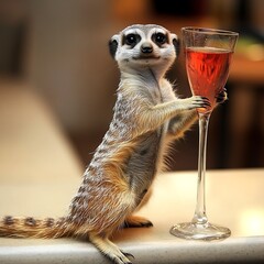 A Meerkat Enjoying a Glass of Rosé Wine Fun and Whimsical Animal Image.