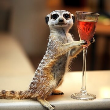 A Meerkat Enjoying a Glass of Ros&eacute; Wine Fun and Whimsical Animal Image.