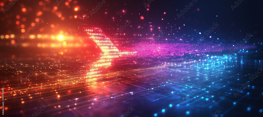 Poster a arrow with a lot of dots on it. abstract arrow with digital lines and glowing dots on a blue backg