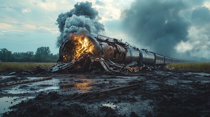 A train derailment with twisted metal and smoke rising from the wreckage