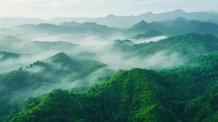 Aerial View of Misty Mountain Range