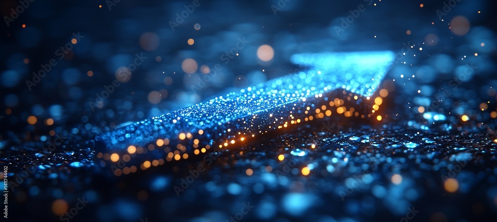 Poster a arrow with a lot of dots on it. abstract arrow with digital lines and glowing dots on a blue backg
