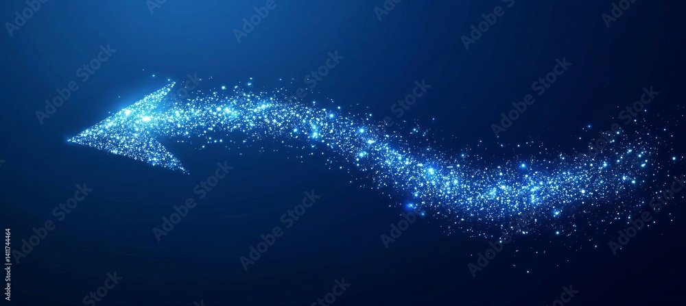 Poster a arrow with a lot of dots on it. abstract arrow with digital lines and glowing dots on a blue backg