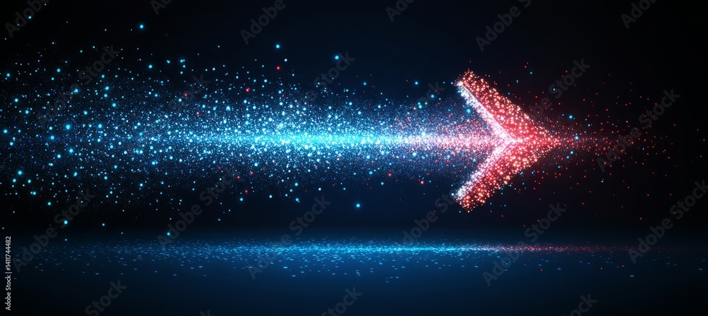Poster a arrow with a lot of dots on it. abstract arrow with digital lines and glowing dots on a blue backg