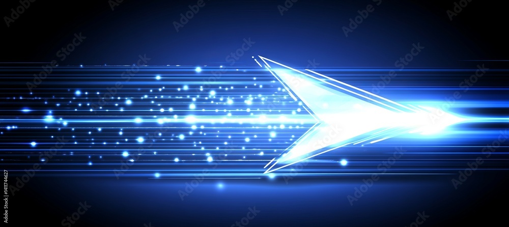 Poster a arrow with a lot of dots on it. abstract arrow with digital lines and glowing dots on a blue backg