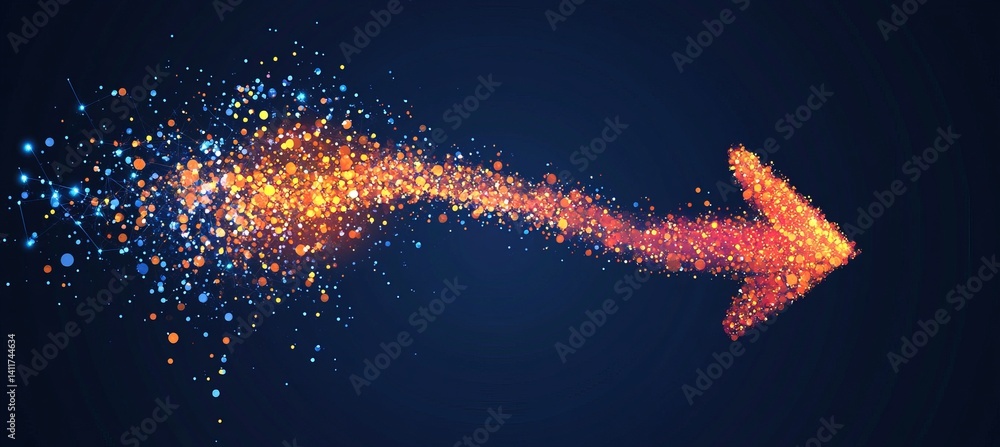 Poster a arrow with a lot of dots on it. abstract arrow with digital lines and glowing dots on a blue backg