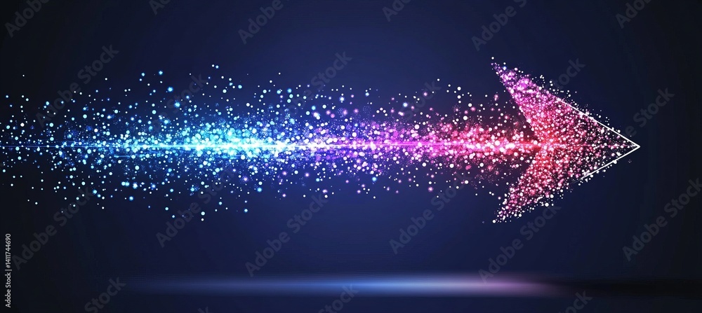 Poster a arrow with a lot of dots on it. abstract arrow with digital lines and glowing dots on a blue backg