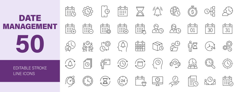 Date Management icon set. Containing schedule, calendar, planning, time, hourglass, stopwatch, alarm, clock and more. Editable line icons. Vector illustration.