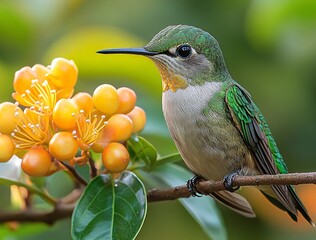 Fototapeta premium Colorful Hummingbird on Branch Near Vibrant Yellow Orange Flowers