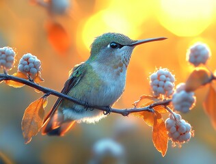 Obraz premium Vibrant Hummingbird Perched on a Branch with Soft Background Glow