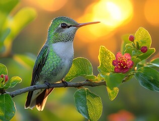 Obraz premium Vibrant Hummingbird Perched on Branch with Blooming Flowers at Sunset
