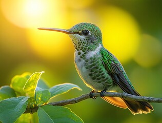 Fototapeta premium Colorful Hummingbird Perched on Branch with Natural Backdrop