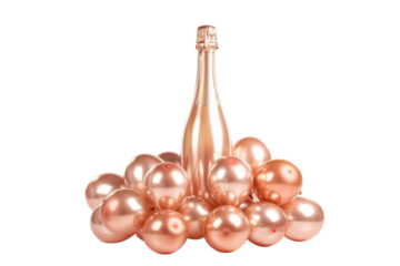 A festive gathering of shimmering rose gold balloons surrounds an elegant bottle, perfect for celebrations and special moments isolated on transparent background