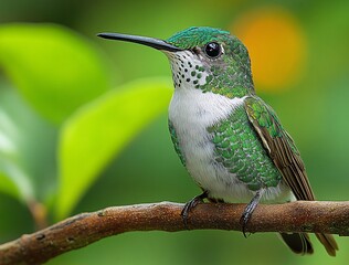 Fototapeta premium Colorful hummingbird perched on branch surrounded by vibrant leaves