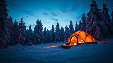 A glowing orange geodesic dome tent sits led in a snow covered winter forest at twilight.