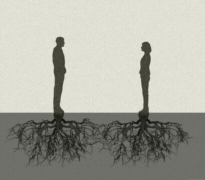 Illustration of a couple with roots symbolizing stability and connection