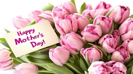 White background highlights a pink tulip bouquet with a "Happy Mother's Day!" card in a studio shot, soft lighting creating a warm and loving atmosphere.