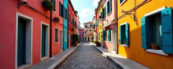 Fototapeta premium Cozy cobblestone street with colorful buildings and hanging laundry, aesthetic, Italy