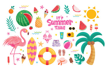 Summer time elements icon clipart set. Summer tropical element clip art collection with colorful objects like flamingo, coconut tree, watermelon and sun graphic symbol vector illustration. 
