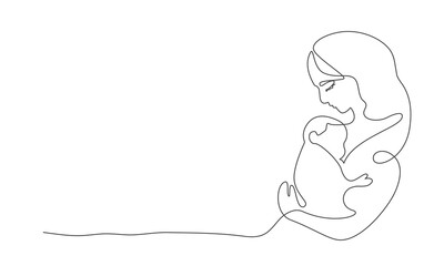 Young Woman holding little baby in arms. Continuous one-line drawing. Mother day concept. Vector illustration