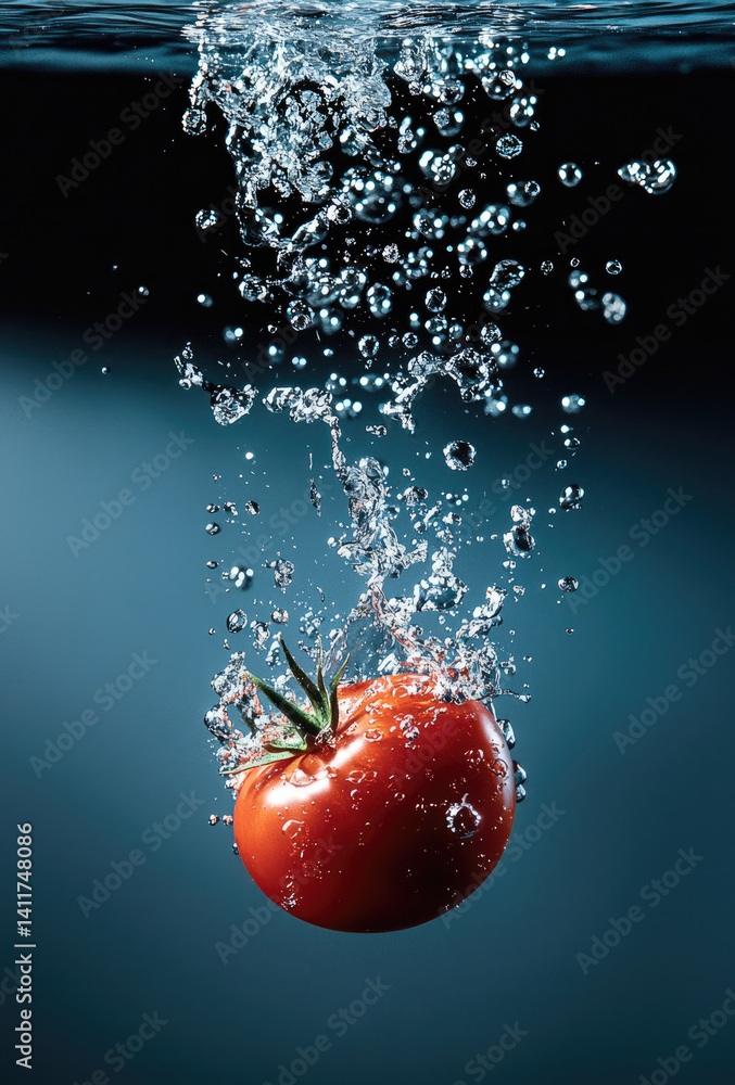 Poster bright red tomato splashes into clear water, creating dynamic bubbles and ripples. vibrant color contrasts beautifully with blue background, evoking freshness and vitality