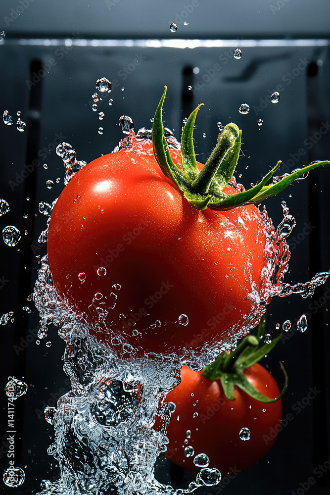 Poster bright red tomato splashes into water, creating dynamic droplets and refreshing scene. vibrant color and motion evoke sense of freshness and vitality