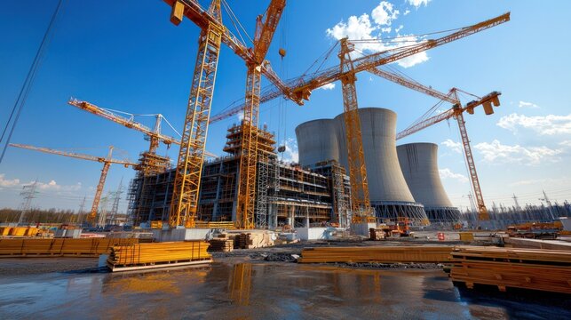 Construction cranes at nuclear power plant under construction