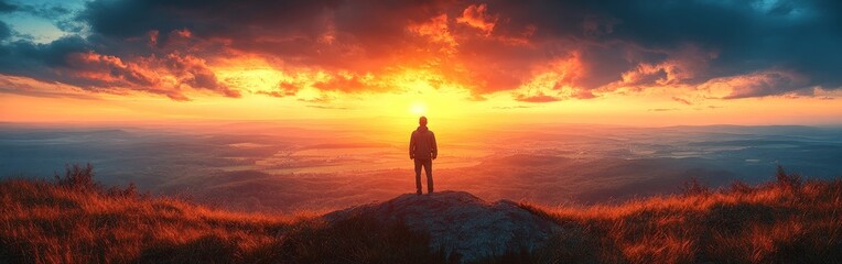 Obraz premium Stunning Sunset Over Rolling Hills with Silhouette of a Man Standing