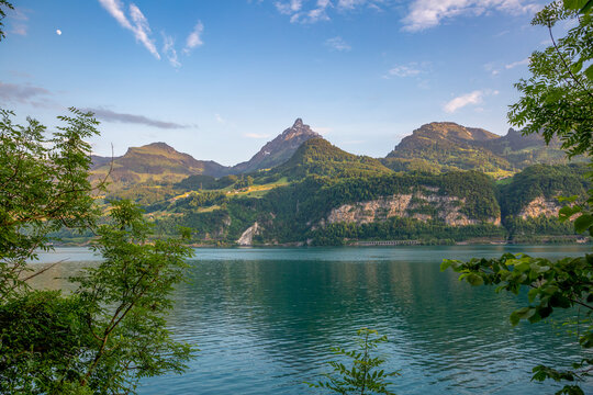 Scenic view of Muertschenstock mountain and lake Walen in Switzerland