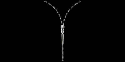 Realistic Silver Zipper Isolated On Black Background, Zip With Steel Puller Vector Illustration.	
