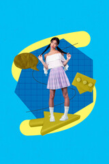Creative collage of person stand think cursor speech bubble on blue color background