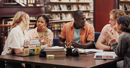 University, group and study with students or friends in library for research project, education and learning. Future, knowledge and college assignment with people and discussion for scholarship