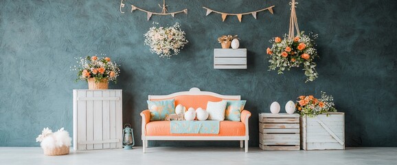 Spring-themed living room with pastel colors