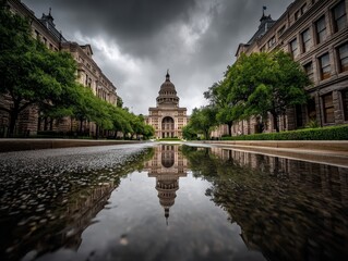 Fototapeta premium The Texas Capitol reflected in a still body of water, a mirror image of its majestic form - clouds architecture historical symmetry