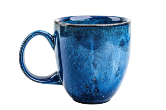 A beautifully crafted dark blue ceramic mug resting elegantly on a table, capturing the light in a cozy kitchen setting isolated on transparent background - Powered by Adobe
