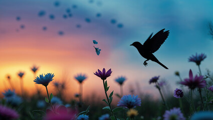 Fototapeta premium bird flying over a field of flowers 