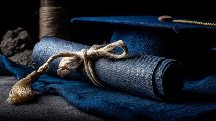 A graduation cap and a scroll tied with a ribbon, ready for presentation - parchment traditional mortarboard school